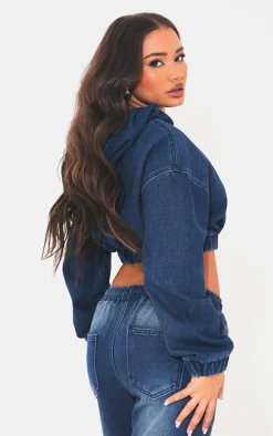 Petite Dark Blue Denim Cropped Hoodie