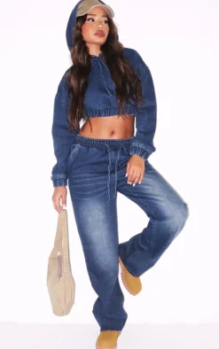 Petite Dark Blue Denim Cropped Hoodie