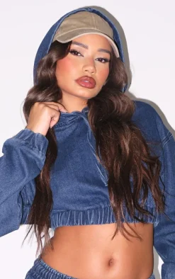Petite Dark Blue Denim Cropped Hoodie