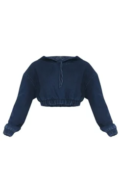 Petite Dark Blue Denim Cropped Hoodie