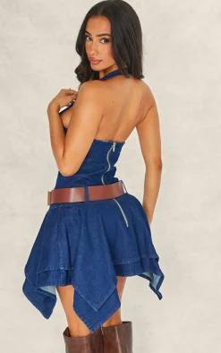 Petite Dark Blue Denim Halterneck Fitted Mini Dress
