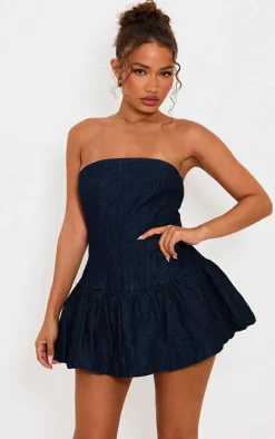 Petite Dark Blue Denim Puffball Mini Dress