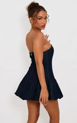 Petite Dark Blue Denim Puffball Mini Dress