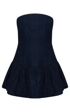 Petite Dark Blue Denim Puffball Mini Dress