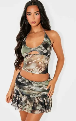 Petite Dark Green Printed Mesh Ruffle Mini Skirt