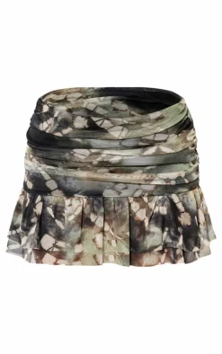 Petite Dark Green Printed Mesh Ruffle Mini Skirt