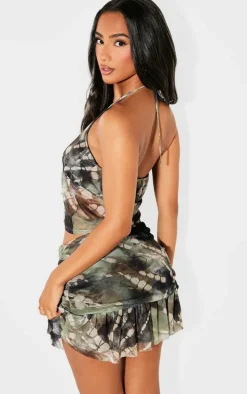 Petite Dark Green Printed Mesh Halterneck Crop Top