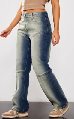 Petite Dark Indigo Washed Ombre Panelled Denim Straight Leg Jeans