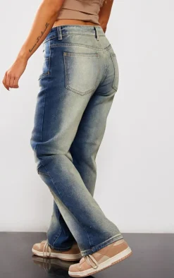 Petite Dark Indigo Washed Ombre Panelled Denim Straight Leg Jeans