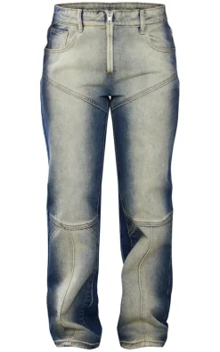 Petite Dark Indigo Washed Ombre Panelled Denim Straight Leg Jeans