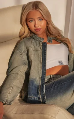 Petite Dark Indigo Washed Ombre Oversized Denim Shirt