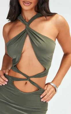 Petite Dark Khaki Cut Out Halterneck Mini Dress