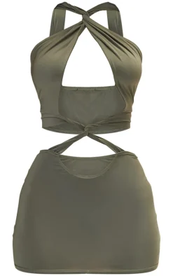 Petite Dark Khaki Cut Out Halterneck Mini Dress