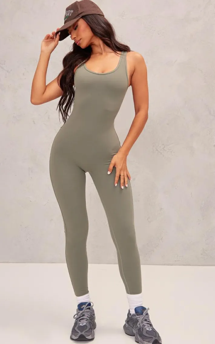 Petite Dark Olive Snatched Sculpt Square Neck Jumpsuit