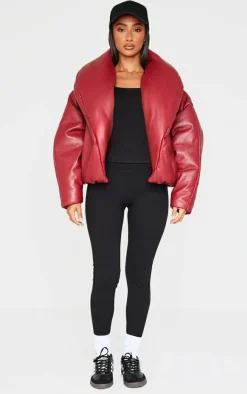 Petite Dark Red Exaggerated Collar PU Puffer Coat