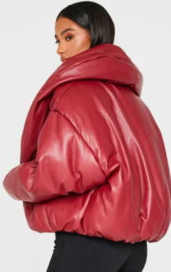 Petite Dark Red Exaggerated Collar PU Puffer Coat
