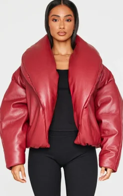 Petite Dark Red Exaggerated Collar PU Puffer Coat