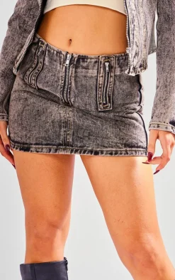 Petite Dark Vintage Wash Zip Detail Denim Mini Skirt