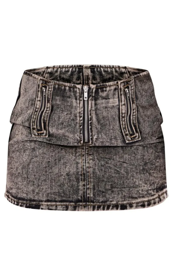 Petite Dark Vintage Wash Zip Detail Denim Mini Skirt
