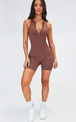 Petite Deep Mocha Snatched Rib Zip Up Front Unitard