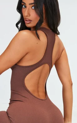 Petite Deep Mocha Snatched Rib Zip Up Front Unitard