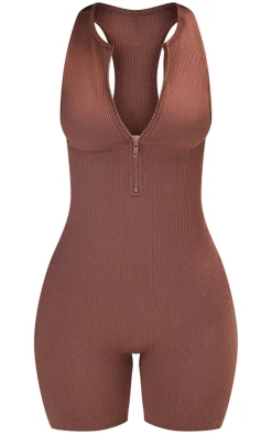 Petite Deep Mocha Snatched Rib Zip Up Front Unitard