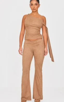 Petite Deep Taupe Faux Suede Low Rise Flare Pants