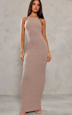 Petite Deep Taupe Knitted Open Back Maxi Dress