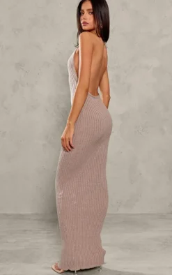 Petite Deep Taupe Knitted Open Back Maxi Dress