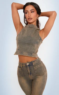 Petite Dirty Grey Denim Backless Top