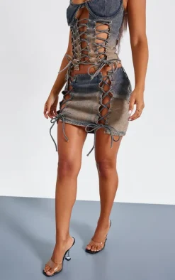 Petite Dirty Grey Lace Up Detail Denim Mini Skirt