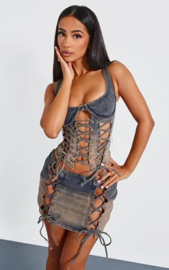Petite Dirty Grey Lace Up Detail Denim Mini Skirt