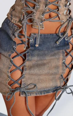Petite Dirty Grey Lace Up Detail Denim Mini Skirt