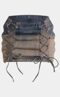 Petite Dirty Grey Lace Up Detail Denim Mini Skirt