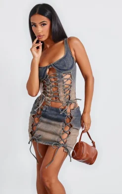 Petite Dirty Grey Lace Up Detail Denim Corset