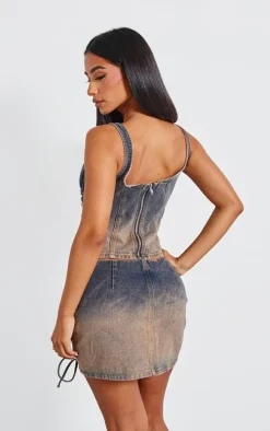 Petite Dirty Grey Lace Up Detail Denim Corset