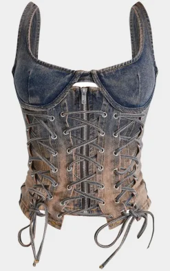 Petite Dirty Grey Lace Up Detail Denim Corset