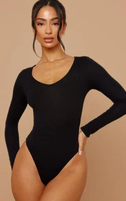 Petite Domineca Black Basic V Neck Bodysuit