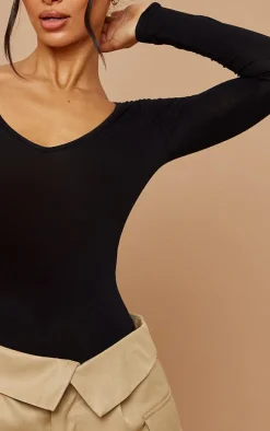 Petite Domineca Black Basic V Neck Bodysuit
