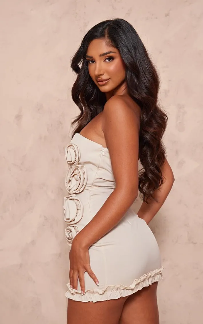Petite Ecru Corset Mini Dress With Rose Details