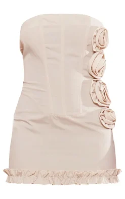 Petite Ecru Corset Mini Dress With Rose Details