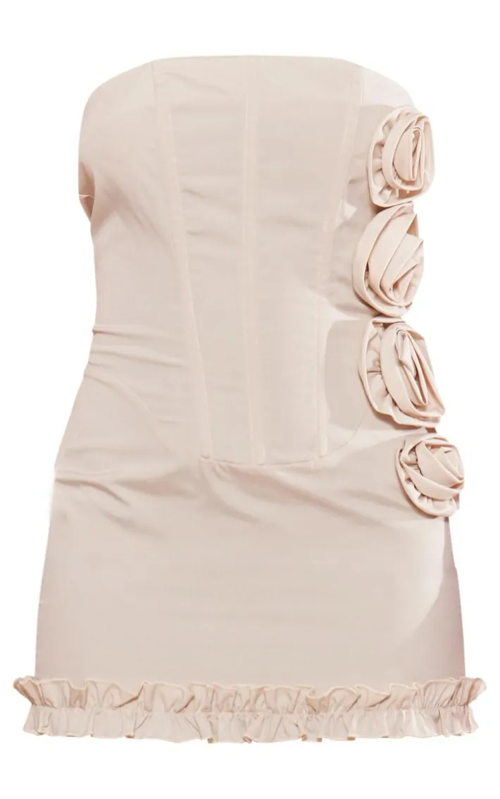 Petite Ecru Corset Mini Dress With Rose Details