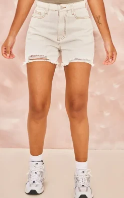 Petite Ecru Ripped Denim Shorts