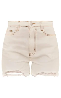 Petite Ecru Ripped Denim Shorts