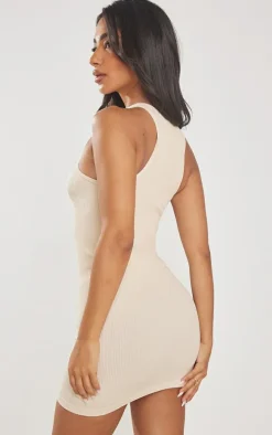 Petite Ecru Snatched Rib Racer Neck Bodycon Dress