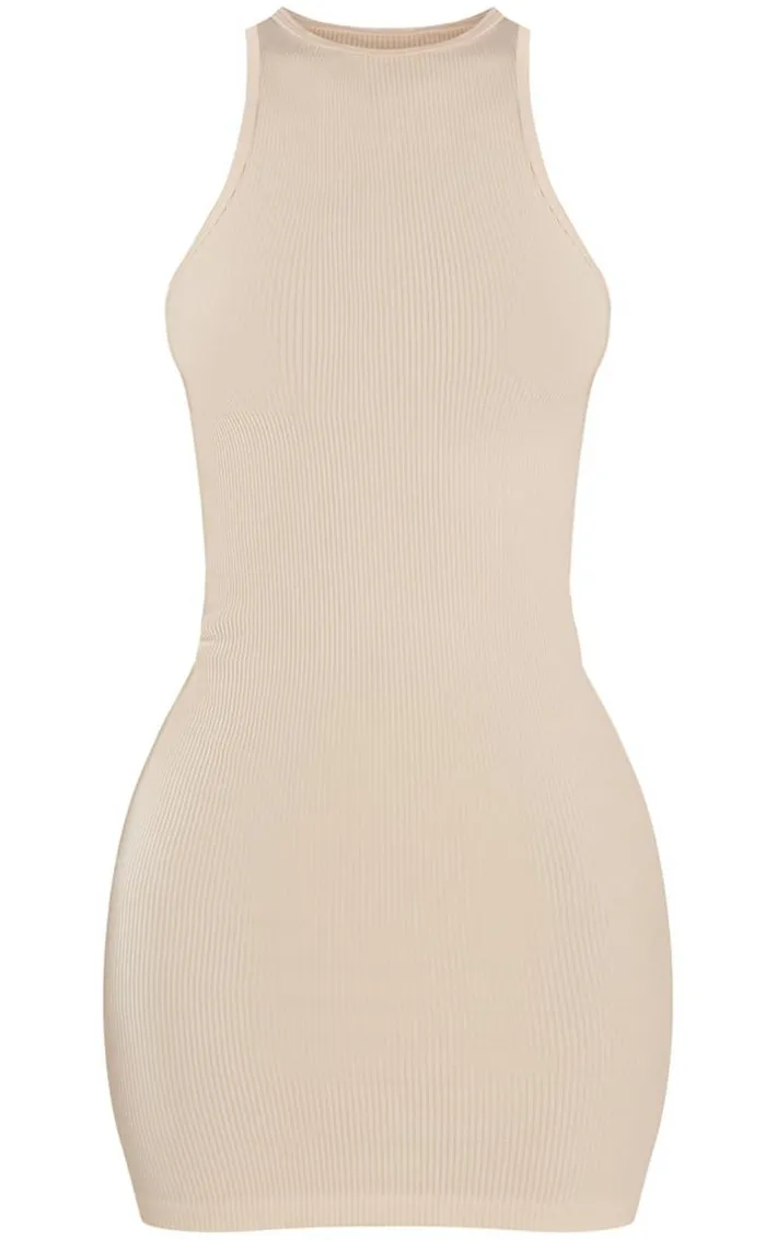 Petite Ecru Snatched Rib Racer Neck Bodycon Dress