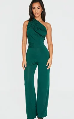 Petite Emerald Green One Shoulder Ruched Wide Leg Jumpsuit