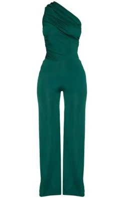 Petite Emerald Green One Shoulder Ruched Wide Leg Jumpsuit