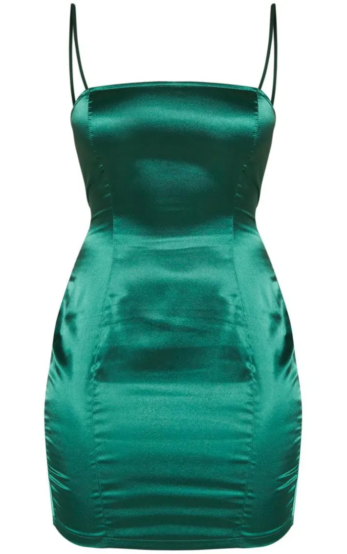 Petite Emerald Green Satin Strappy Straight Neck Bodycon Dress