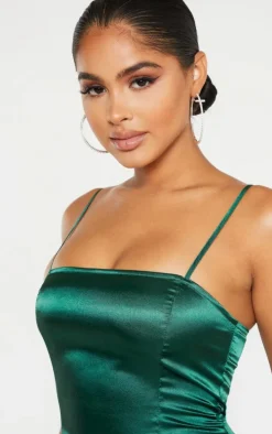 Petite Emerald Green Satin Strappy Straight Neck Bodycon Dress
